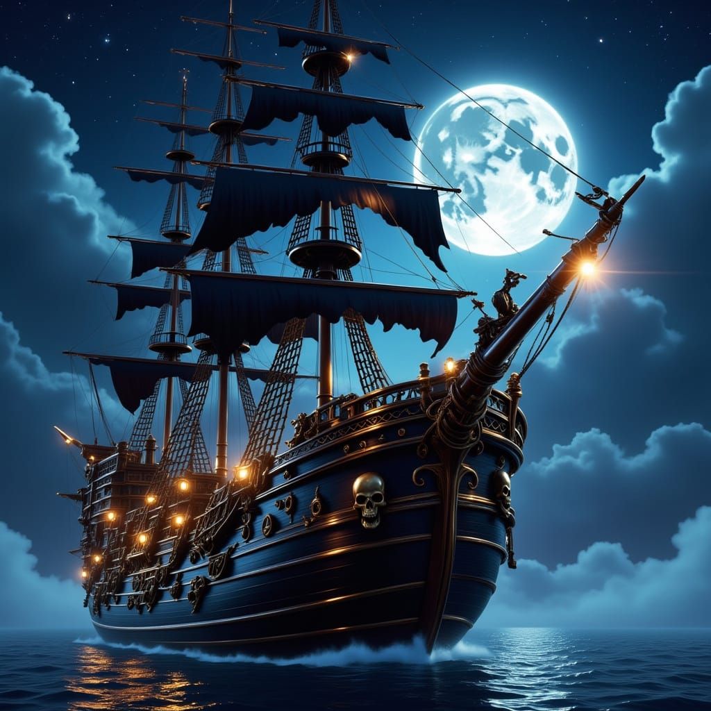Mysterious Pirate Ghost Ship Under Full Moon