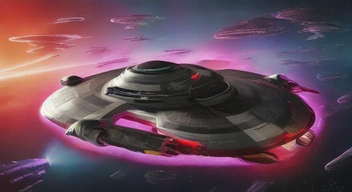 Futuristic Metallic Blue Starship Near Giant Planet