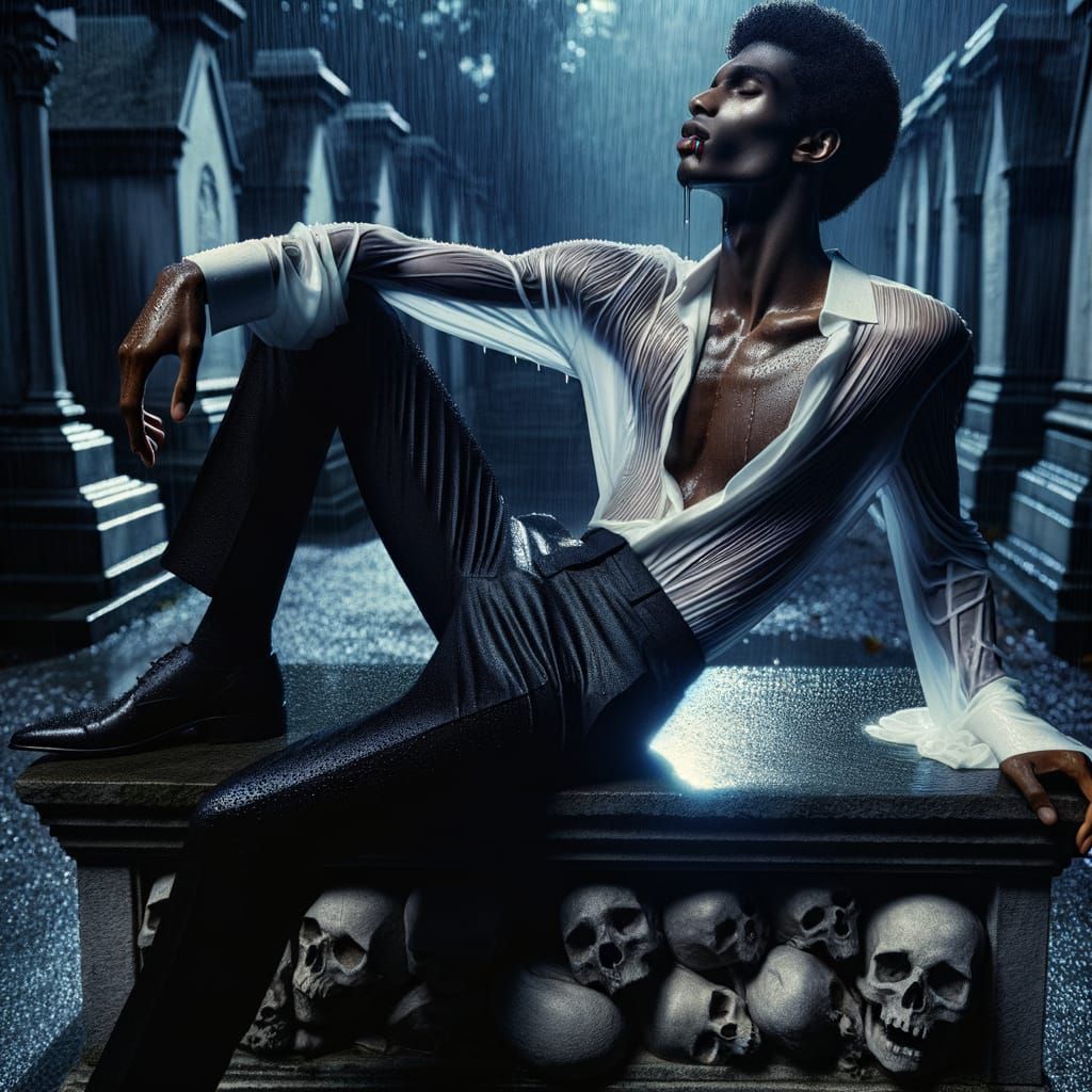 Ethereal Vampire Sprawls on Tomb in Rainy Graveyard
