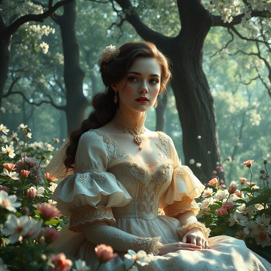 Elegant Lady Basks in Mystical Blossom Forest
