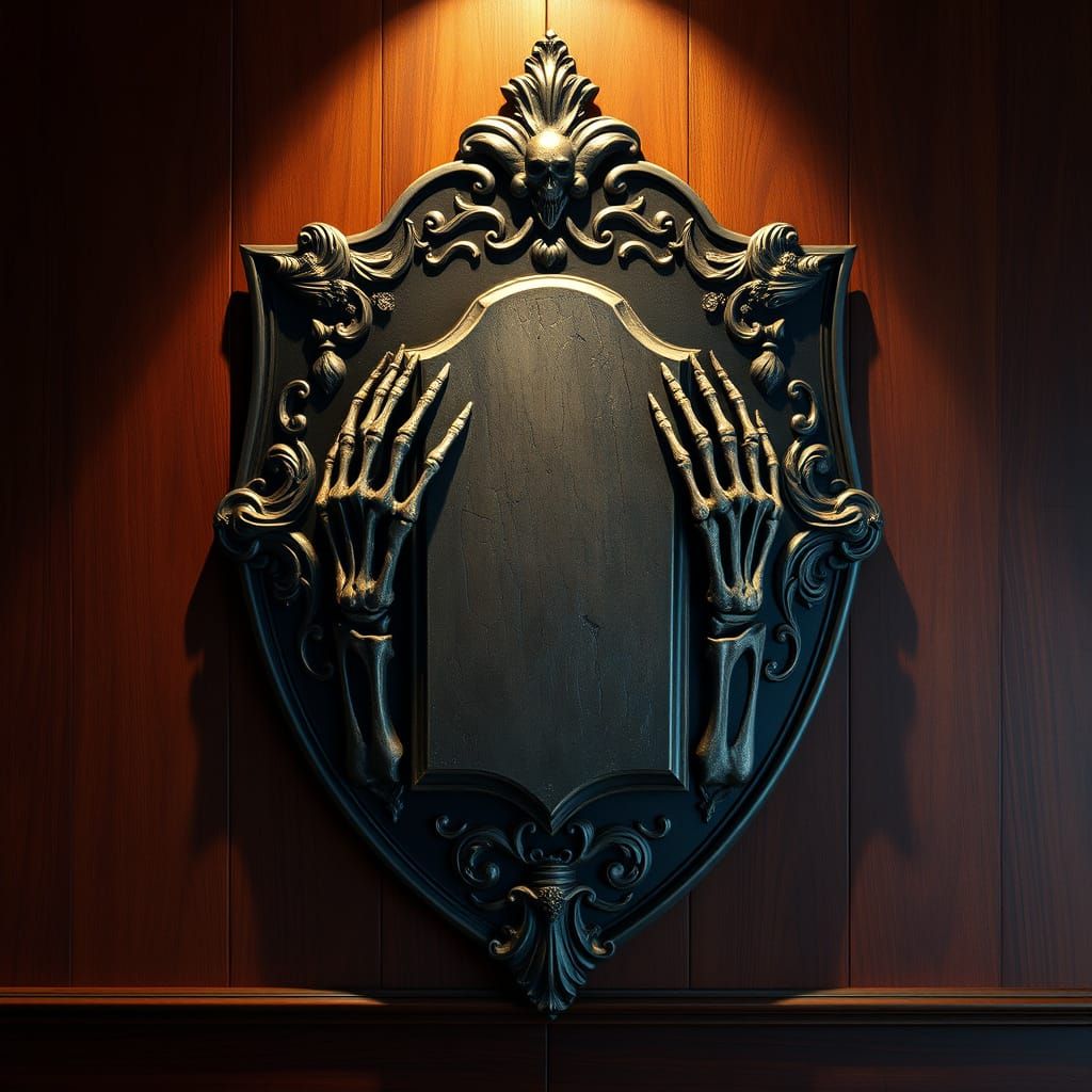 Antique Gothic Family Crest Shield on Dark Mahogany Wall