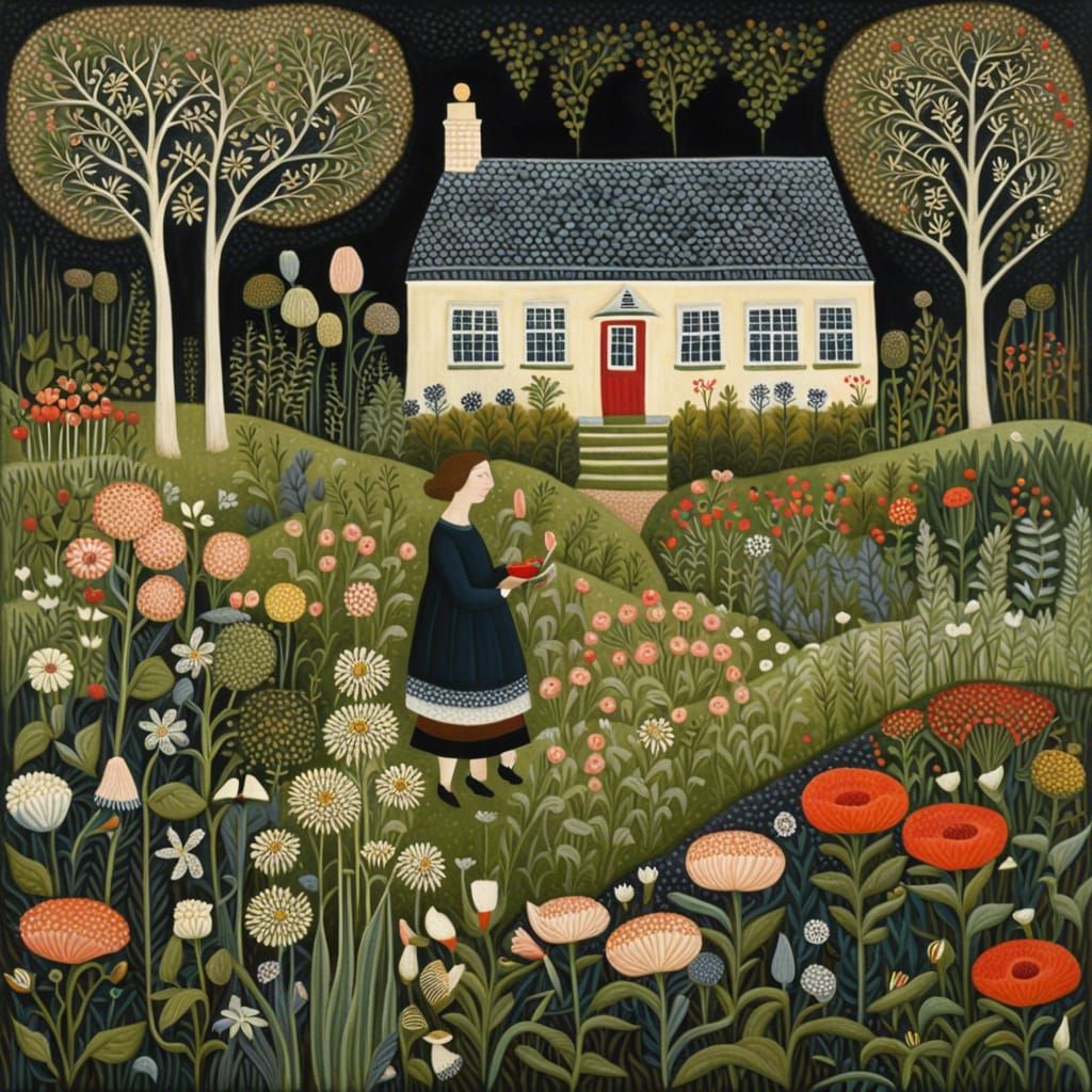Wildflower Garden and Cottage in Folk Art Style