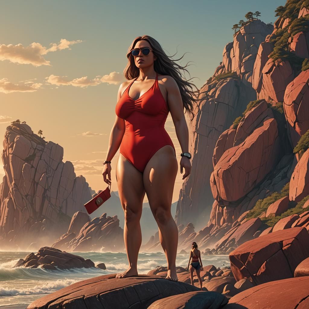 Giant Woman in Red Swimsuit on Seaside Rock