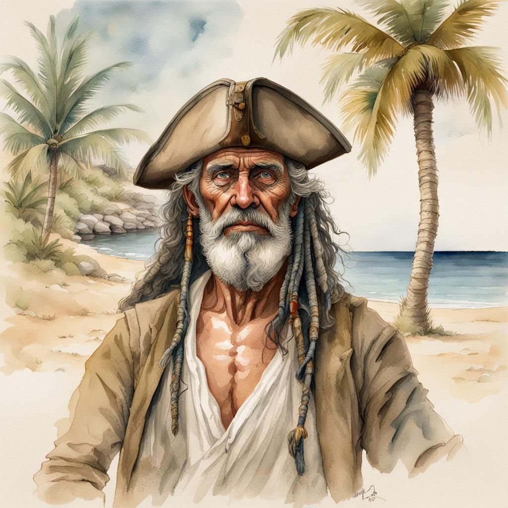 Weathered Pirate Portrait on Caribbean Beach in Watercolor