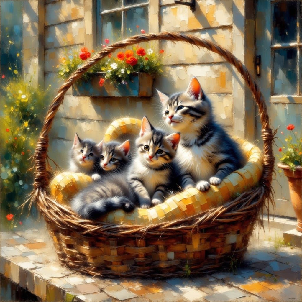 British Shorthair Cat and Kittens in Impressionist Style