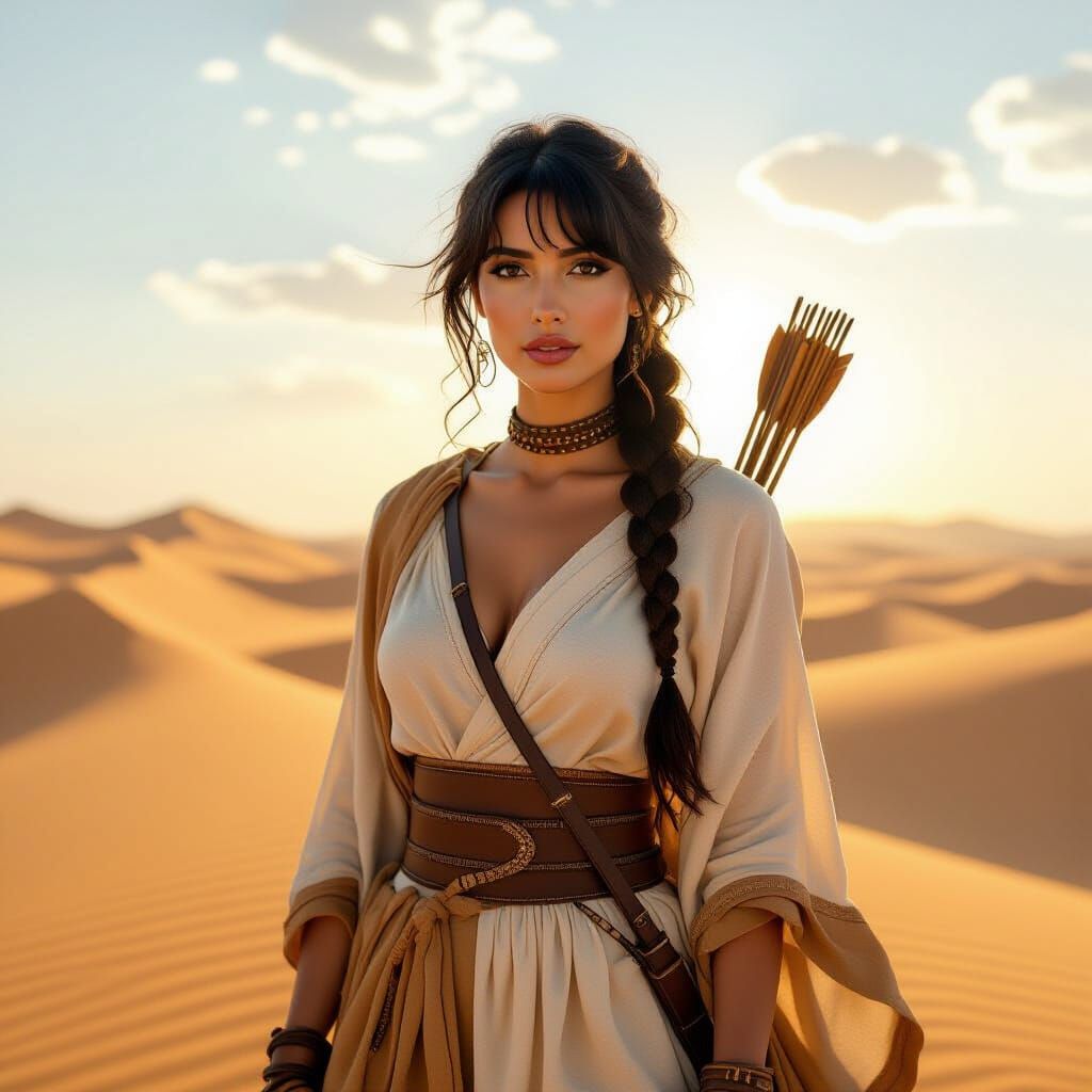 Arabic Huntress and Panther in Desert Dawn