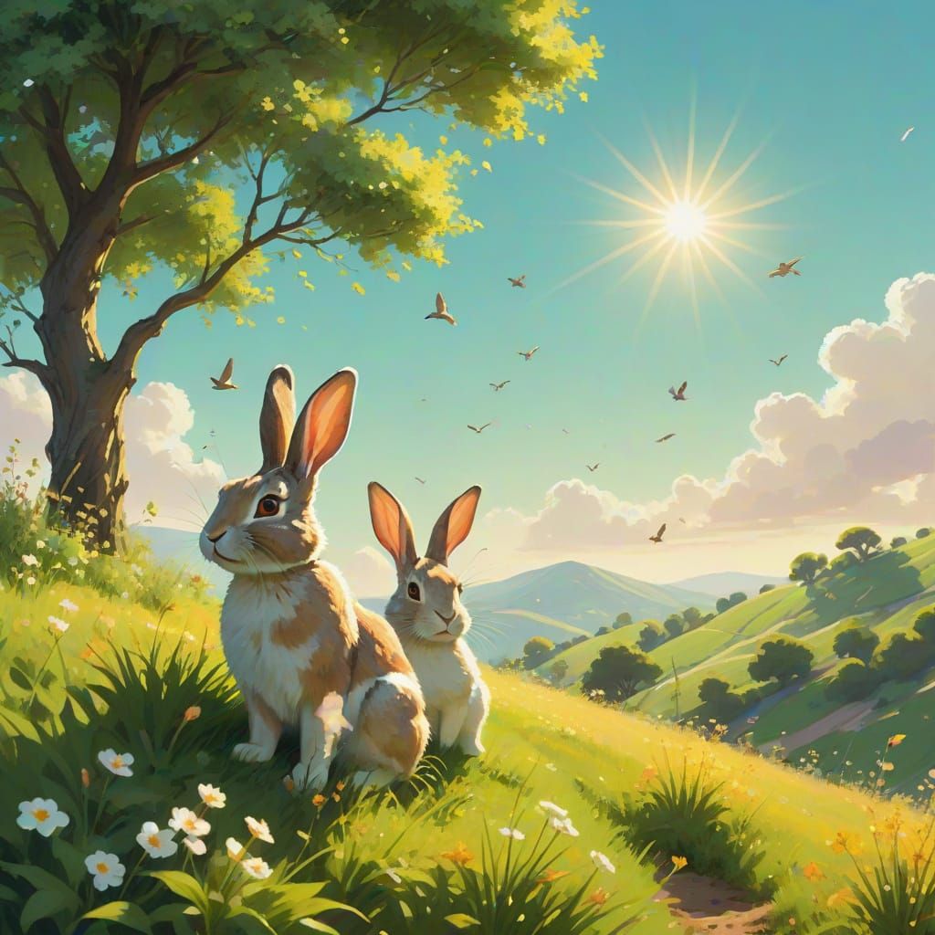 Idyllic Hillside Fantasy in Impressionist Style