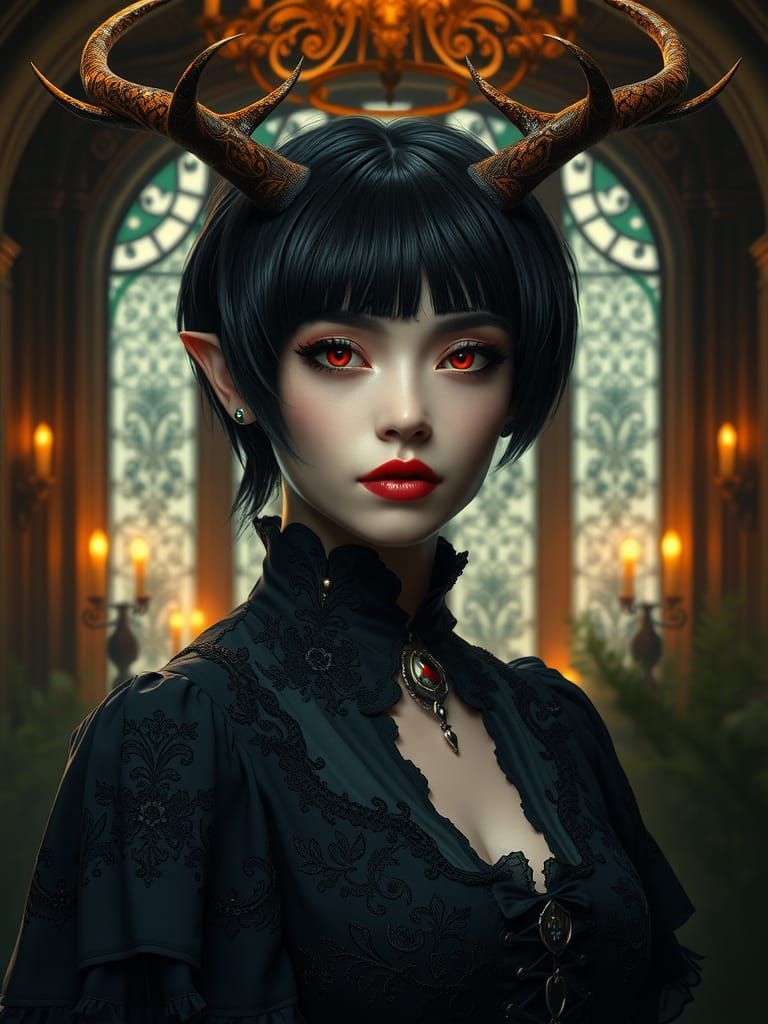 Antlered Woman in Gothic Mansion, Digital Art
