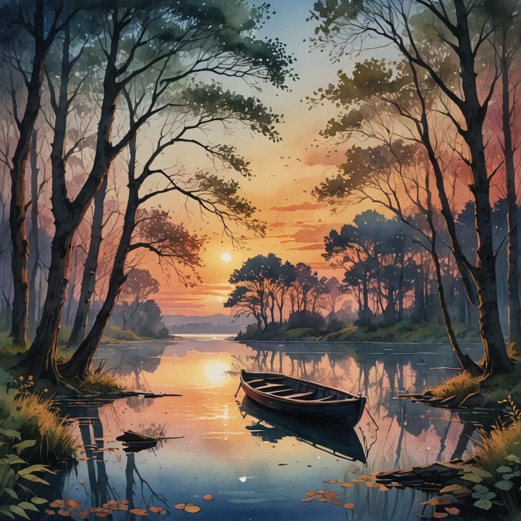 Liminism Watercolor Landscape with Lonely Boat