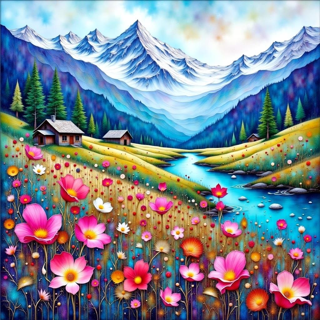 Ethereal Glacial Landscape with Blossoming Wildflowers and R...