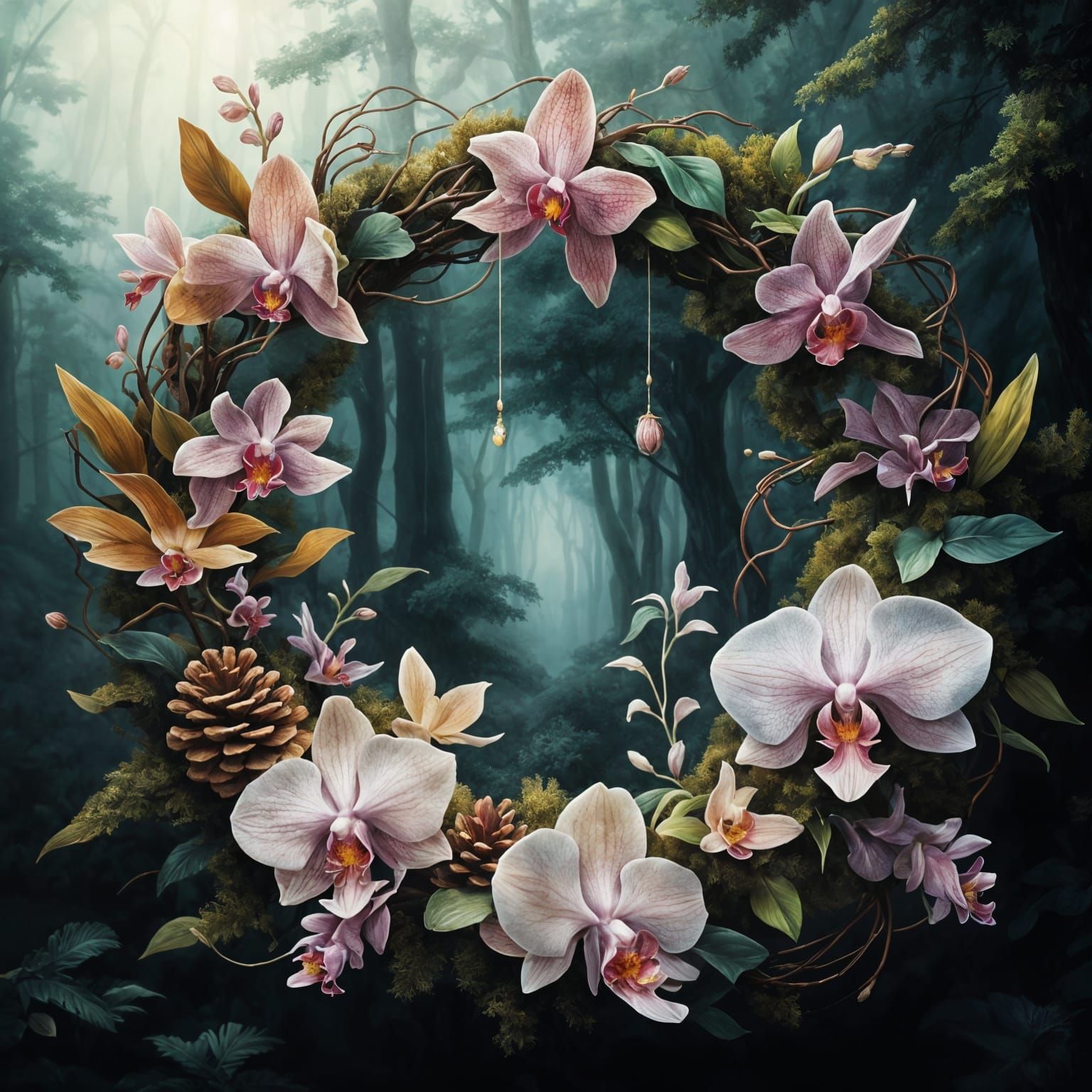 Surreal Forest Wreath Blooms with Luminous Orchids