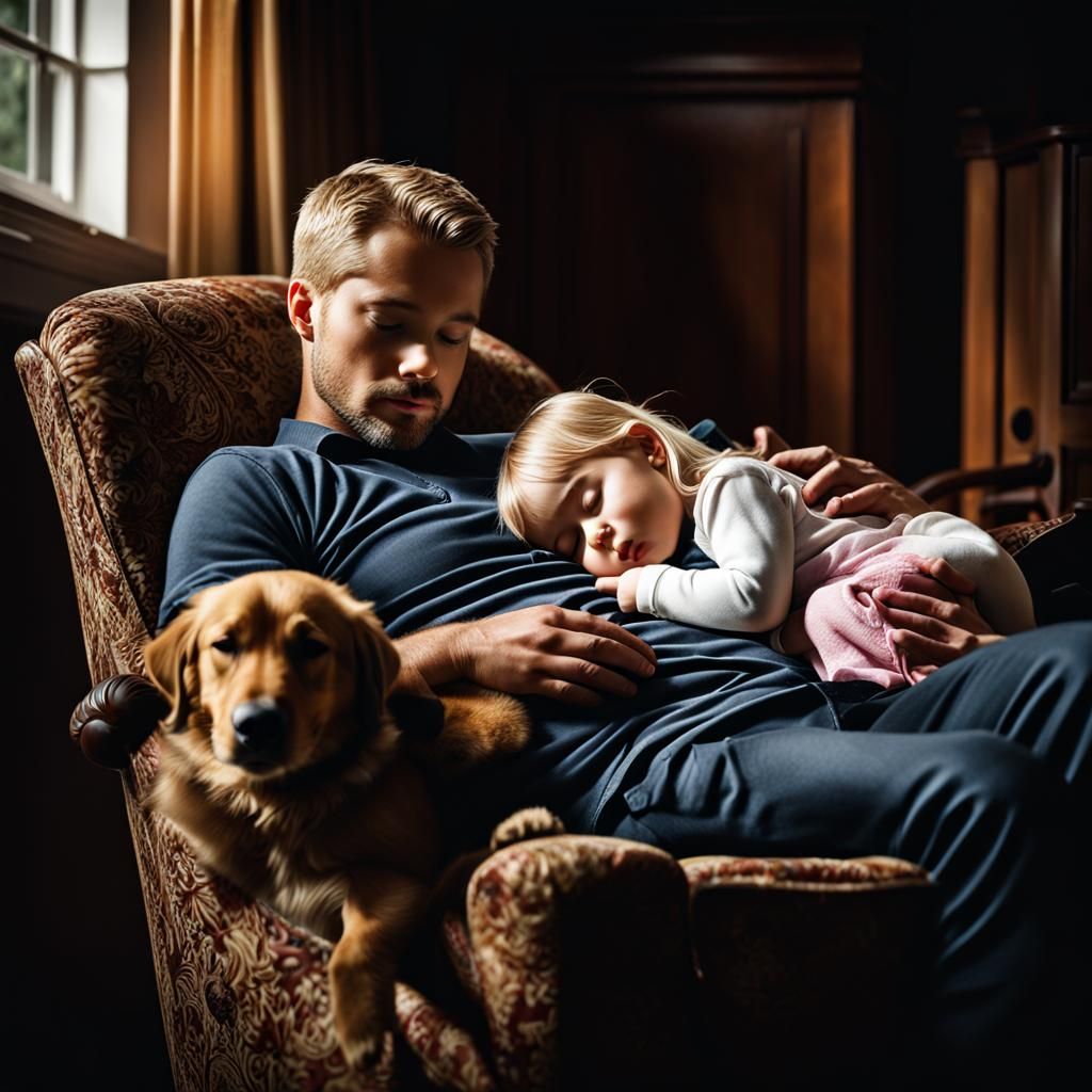 Father and Daughter Asleep with Dog