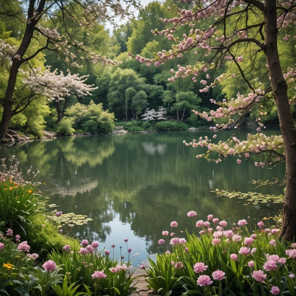 Picturesque Lake Surrounded by Trees and Flowers