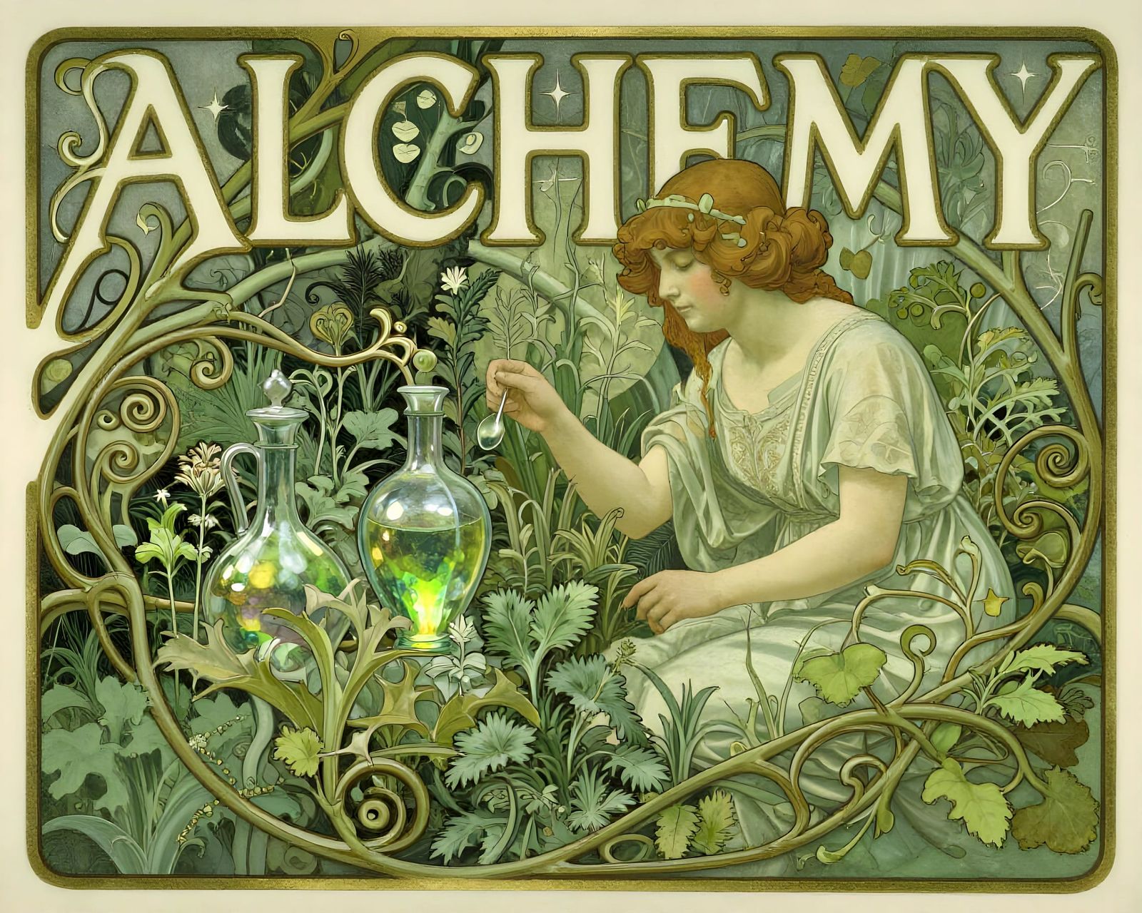 Art Nouveau Alchemist in Lush Garden