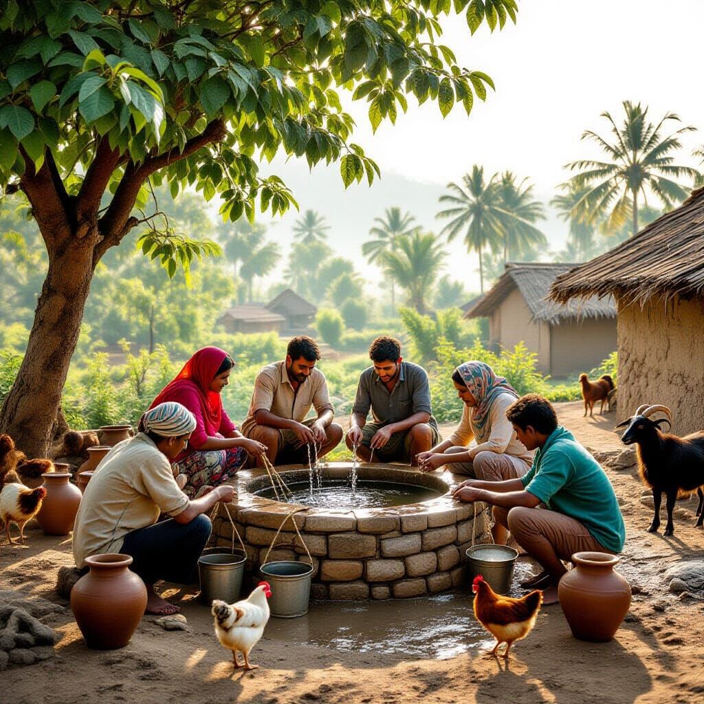 Rural Village Water Well Scene in Documentary Style