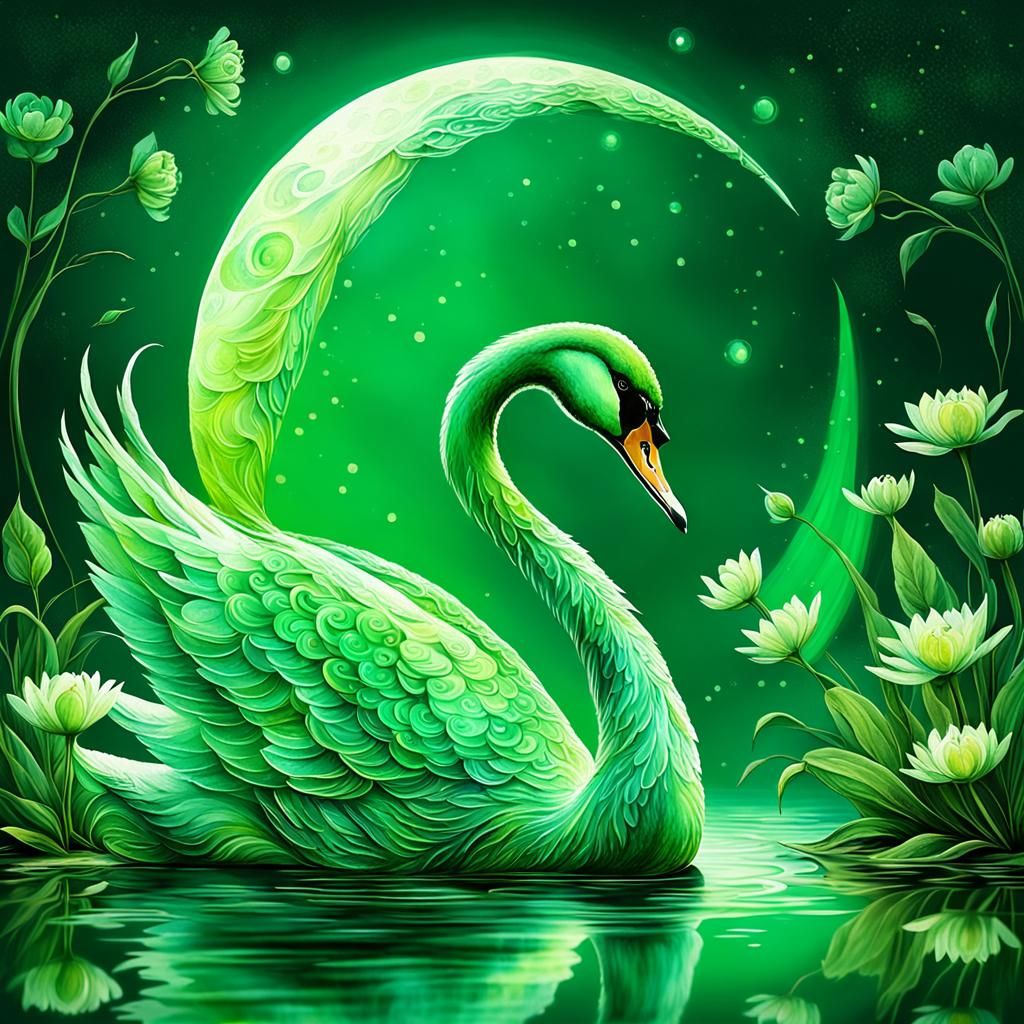 Majestic Green Swan in Luminous Watercolor Art