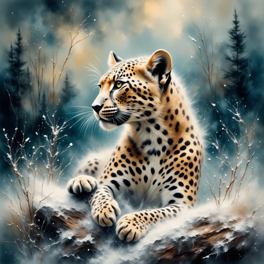 Leopard in Snowstorm: Watercolor and Oil Painting