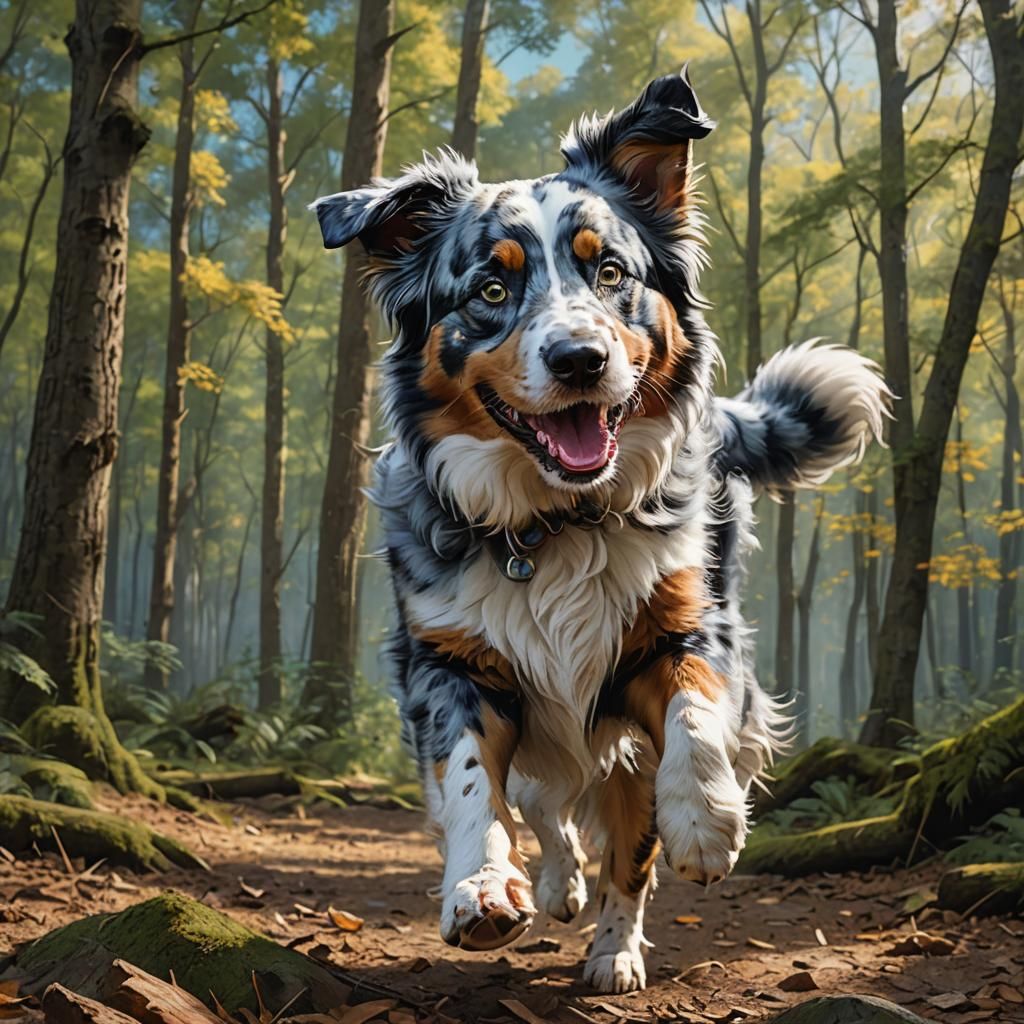 Blue Merle Shepherd Plays Fetch: Hyperrealistic Splash Art