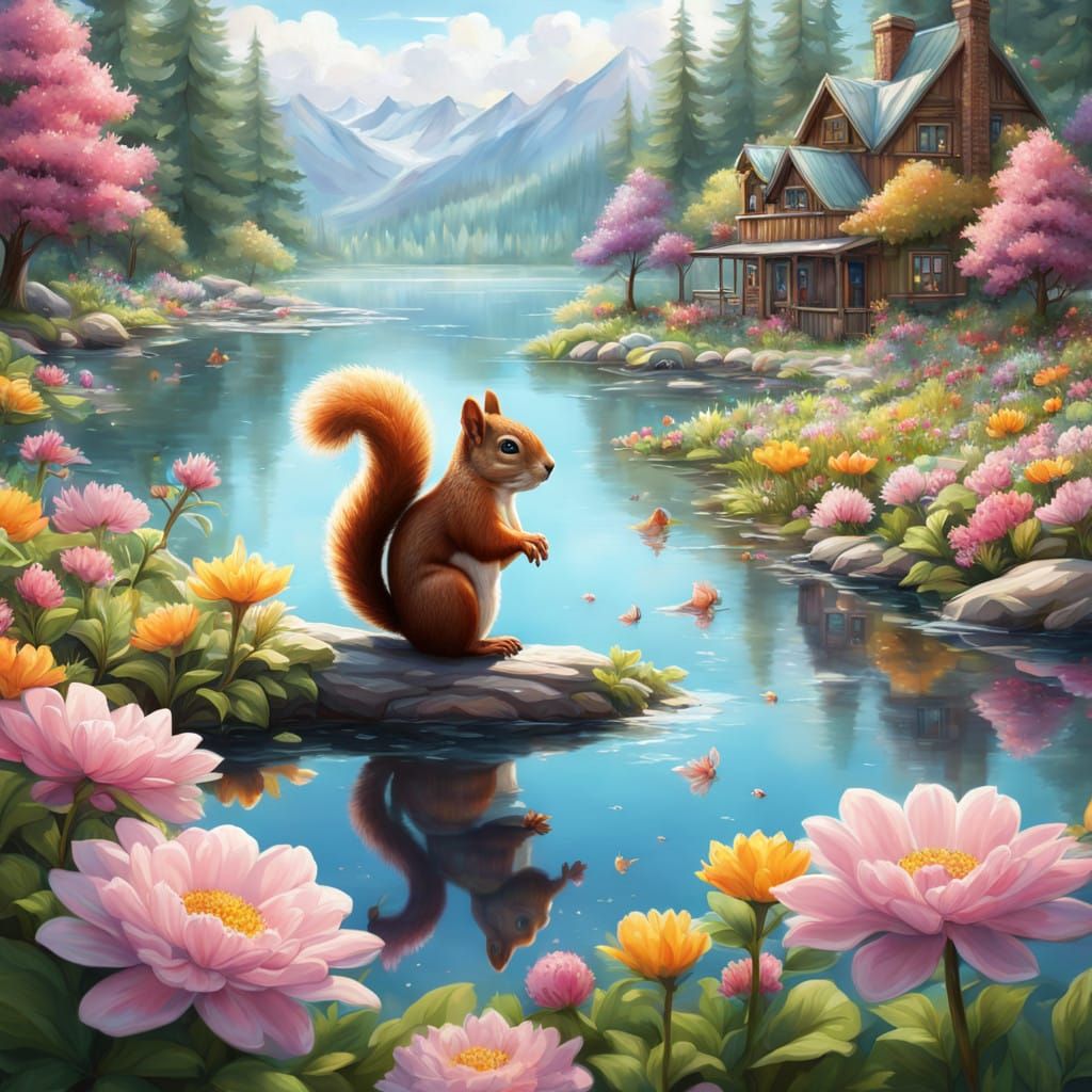 Squirrel in Ethereal Lake Landscape
