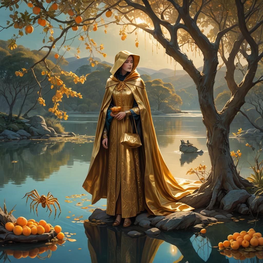 Lady with Golden Spider by Lake, Fantasy Art