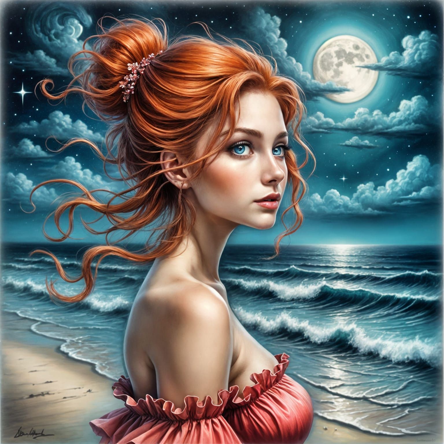 Red-Haired Woman on Beach in Neo-Impressionist Style