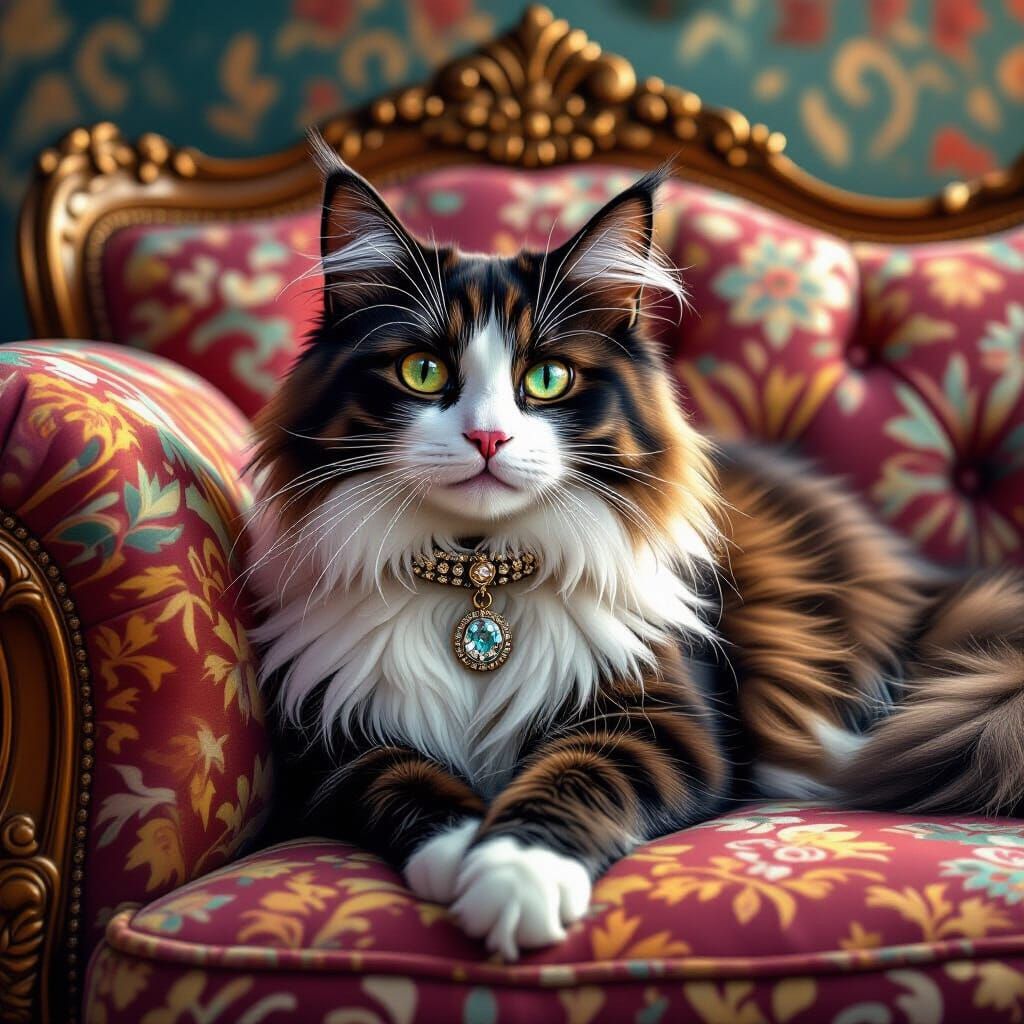 Fluffy Bombay Cat on Plush Sofa in Matte Painting Style