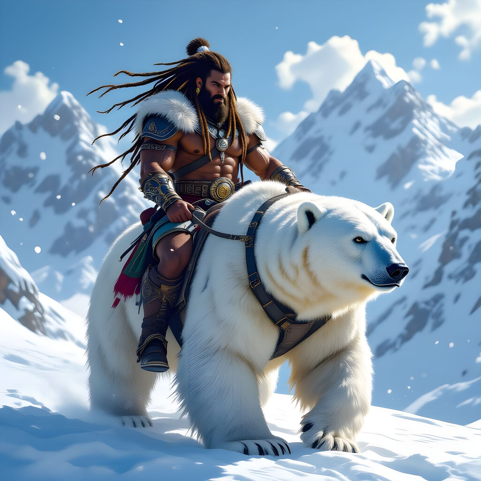 Tribal Warrior on Polar Bear in Snowy Mountains