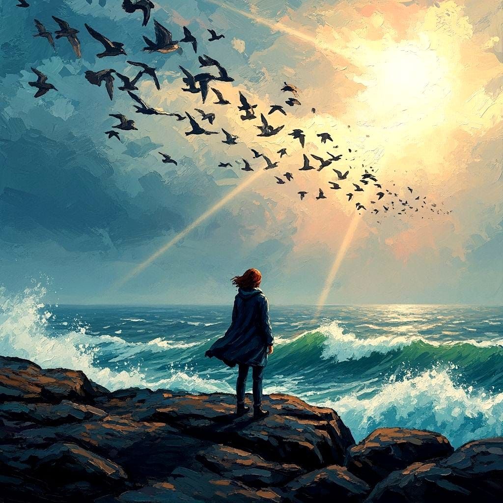 Lone Figure on Cliff Overlooking Turbulent Sea in Impasto St...