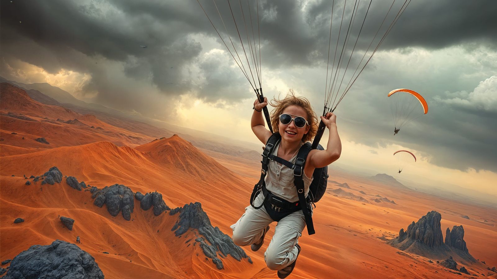 Girl Paragliding Over Alien Desert Landscape