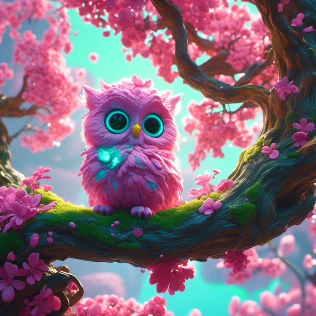 Pink Owl and Green Kitten in Detailed Fantasy Art