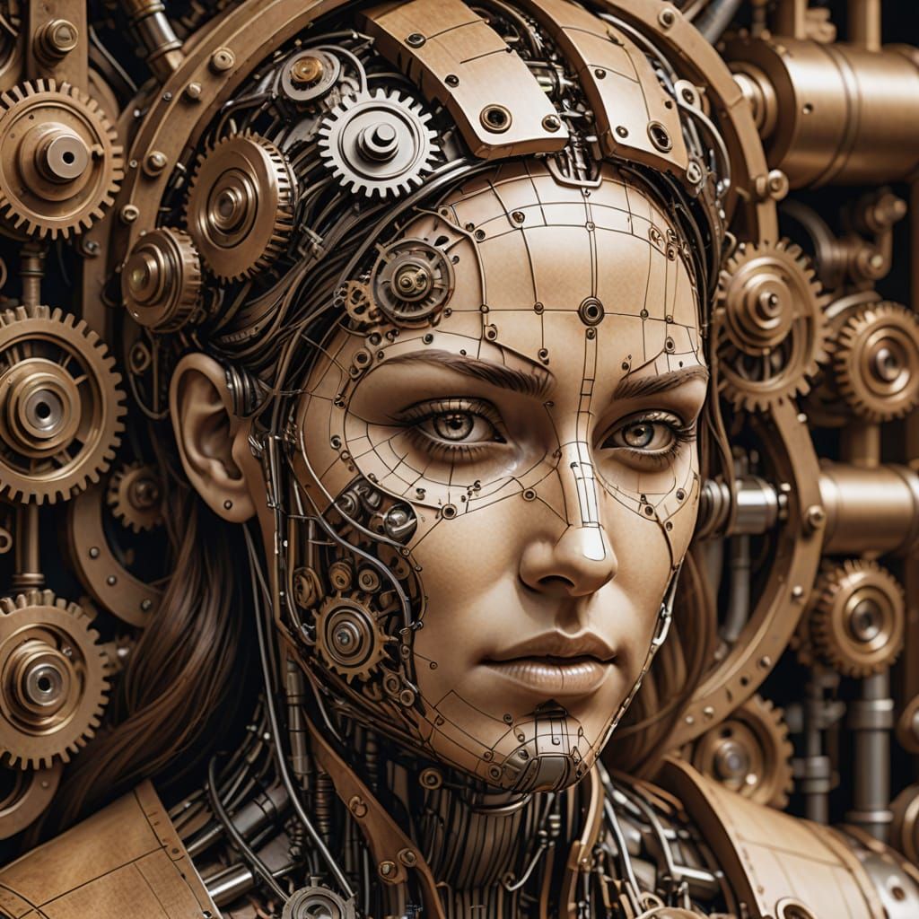 Renaissance Sci-Fi Cyborg Portrait in Sepia Tones