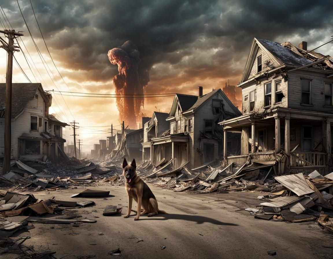 A city in the USA destroyed by a nuclear bomb, very dilapidated houses, devastation everywhere, only contaminated mutant...