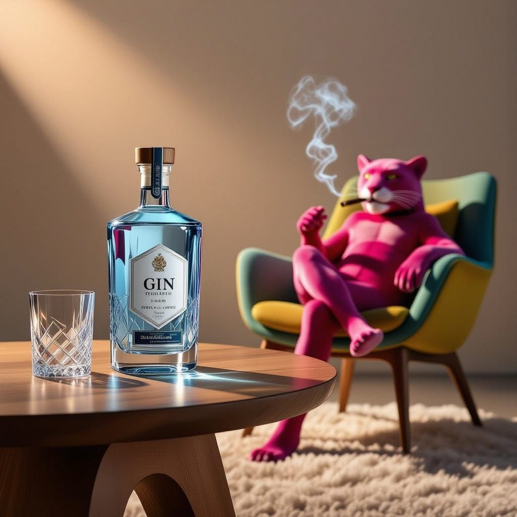 Designer Gin Bottle Scene with Pink Panther