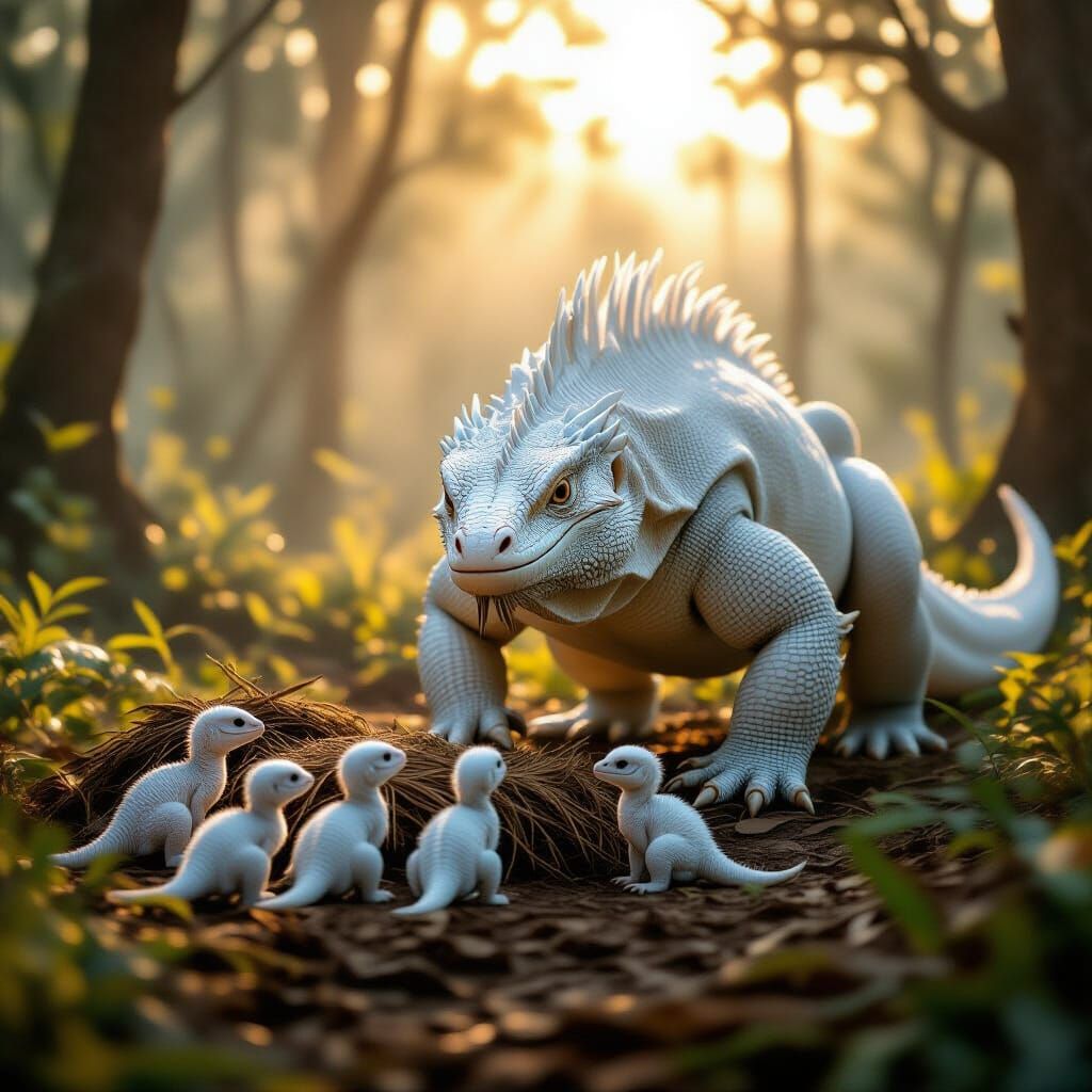 Colossal White Dragon Returns to Hatchlings at Sunrise