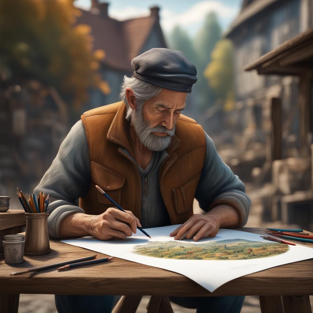 Artisan Painter in Rural Town: Detailed Matte Painting