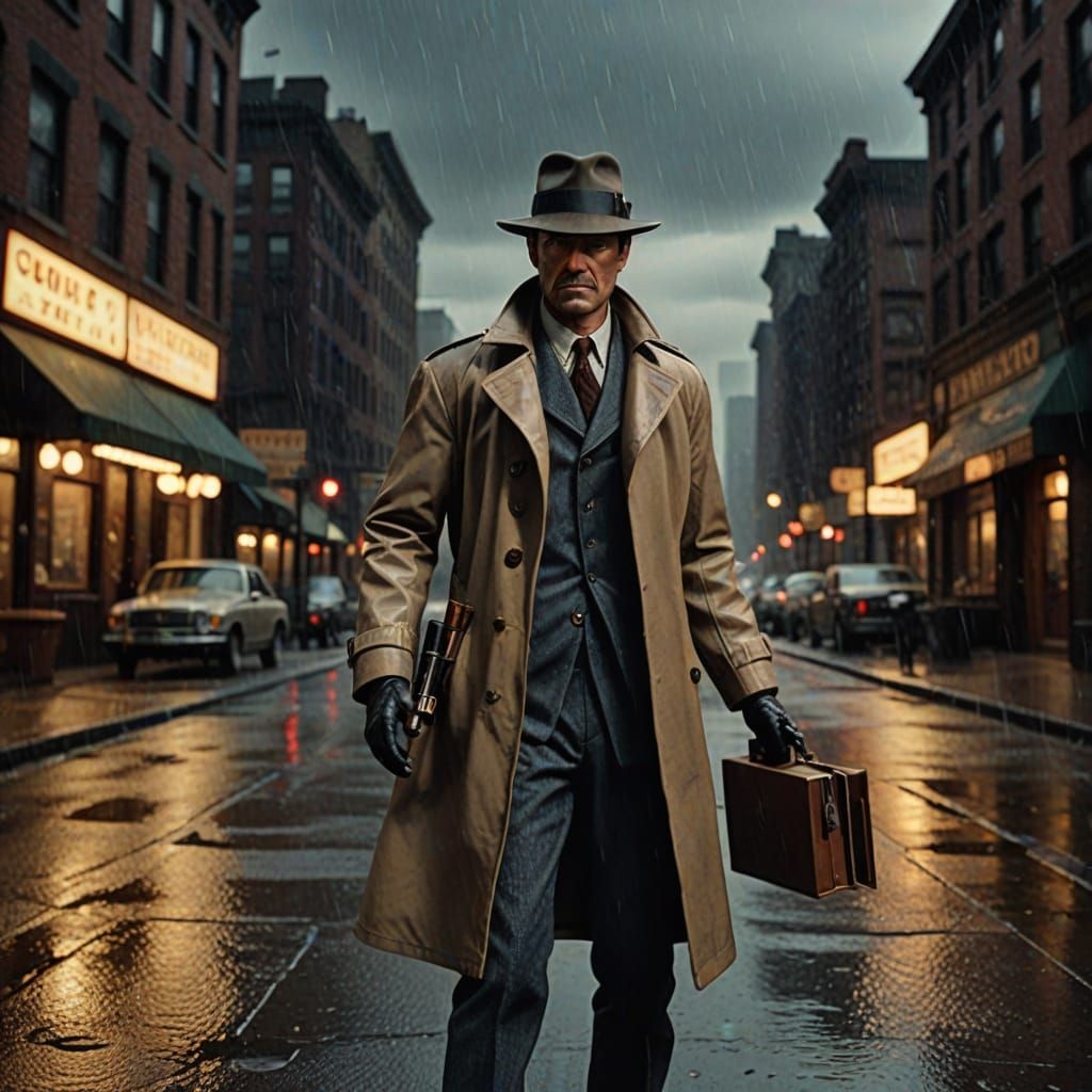 Vintage-Style Detective Action Figure Box in Noir Film Aesth...