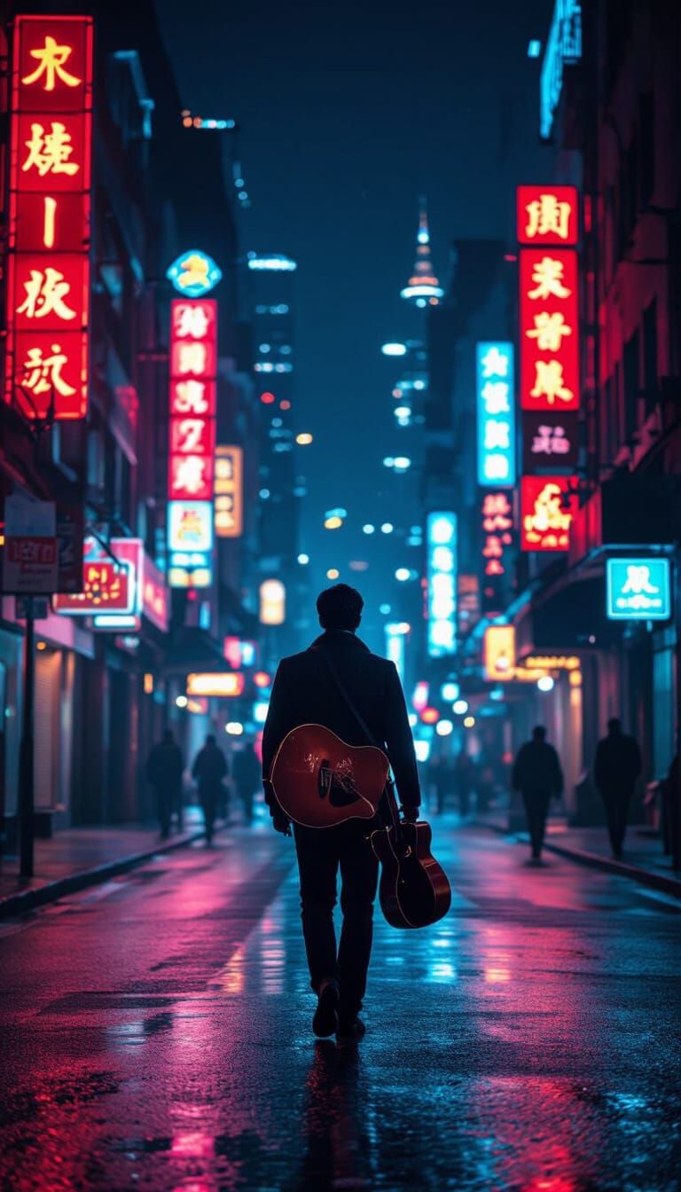 Man with Guitar on Neon Street, Cinematic Film Still