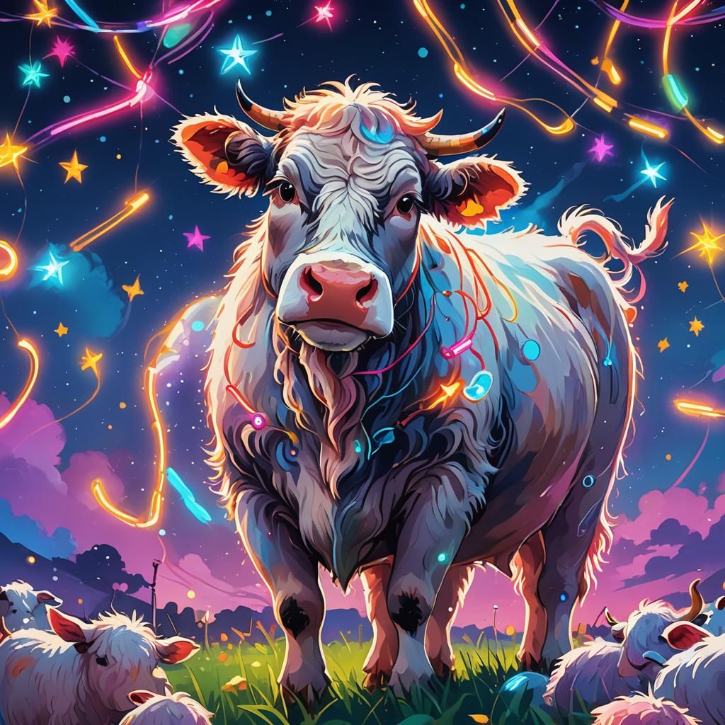 Fluffy Neon Cow in Starry Ghibli Style