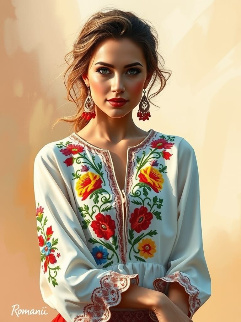 Elegant Woman in Traditional Romanian Folk Shirt