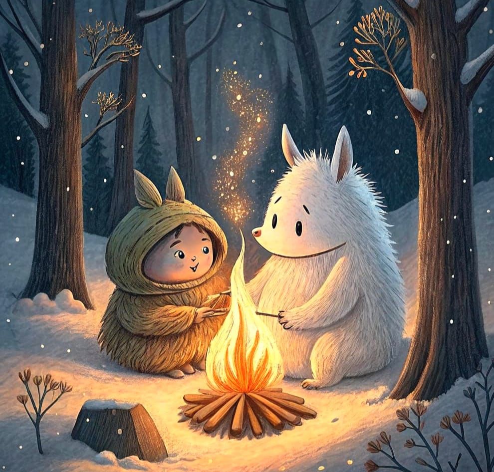 Whimsical Winter Woodland Creatures Gather Around a Cozy Fir...