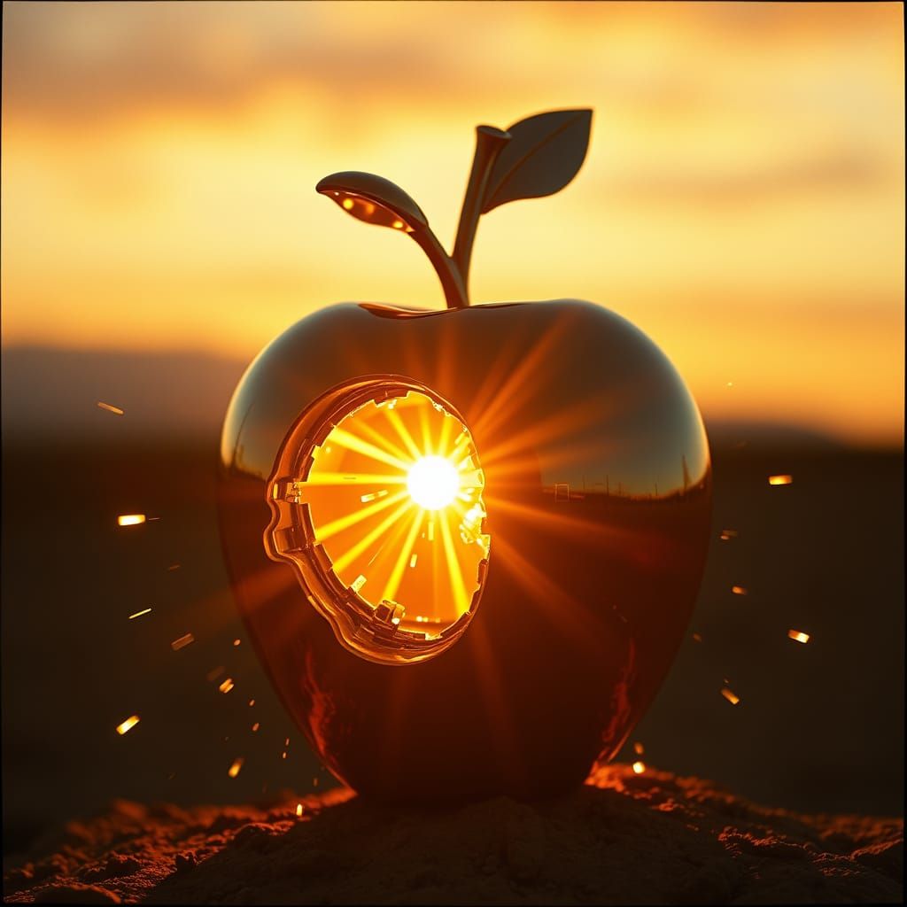 Mechanical Apple Explodes in Golden Light