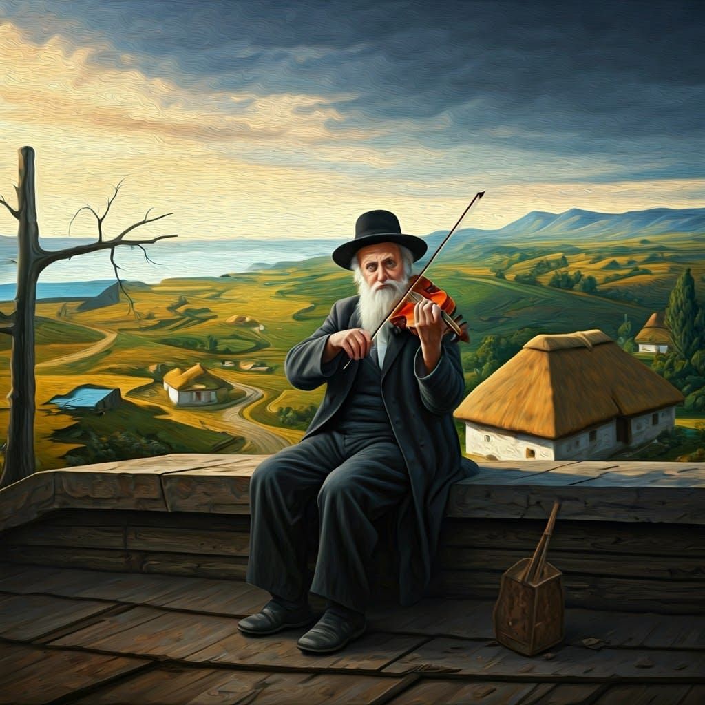 Elderly Violinist on Village Rooftop in Surreal Style