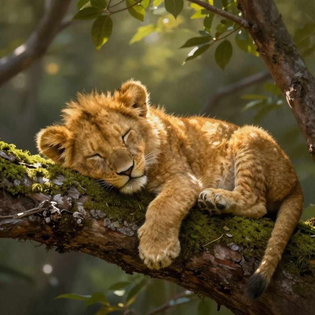 Peaceful Lion Cub Sleeping in Sun-Dappled Forest