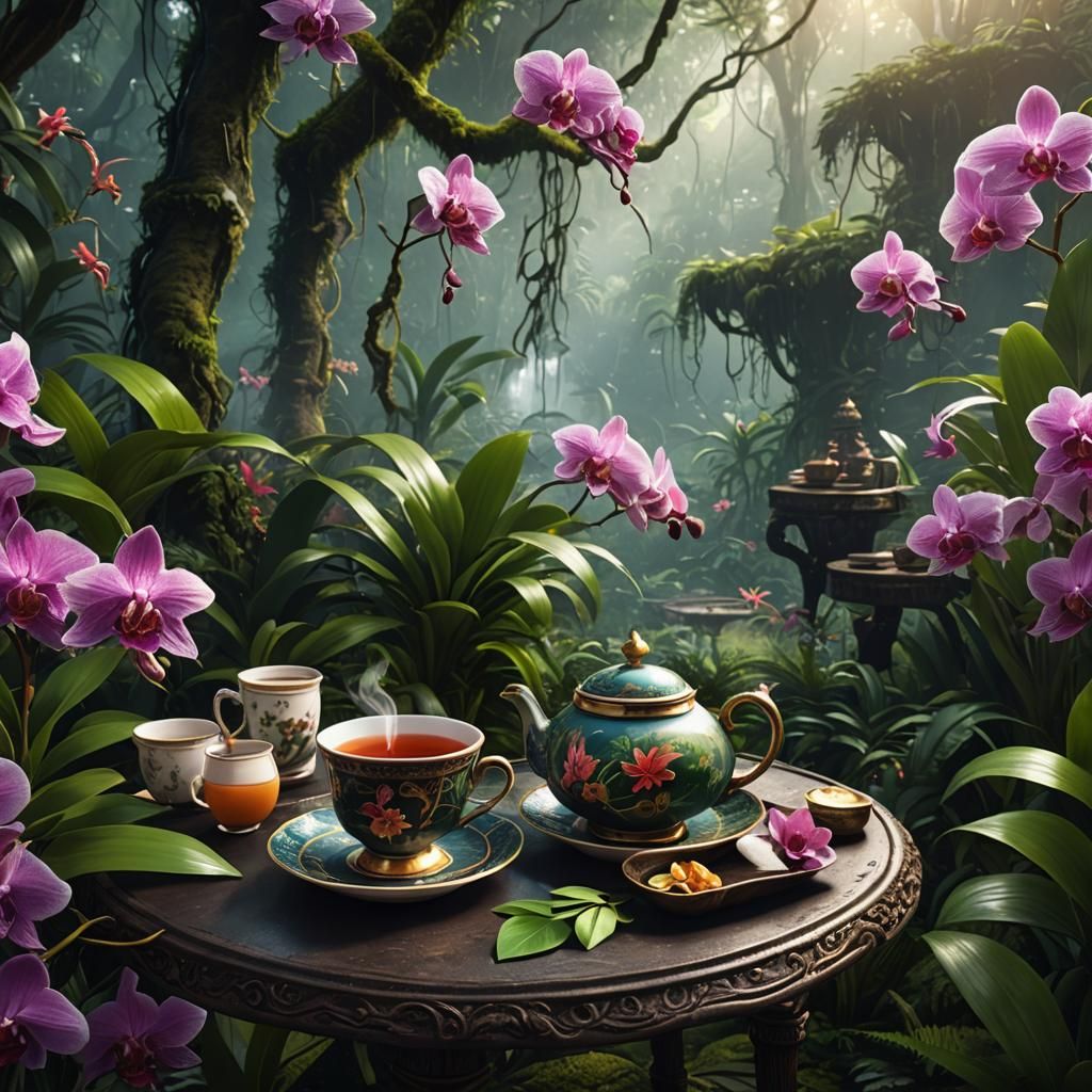 Steaming Tea Cup with Rainforest Orchids: Matte Painting