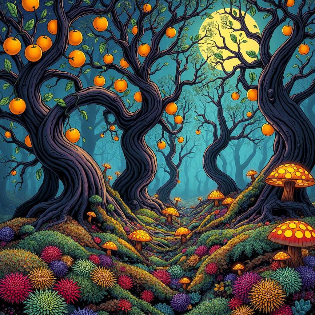 Surreal Psychedelic Forest in Moebius-Inspired Style