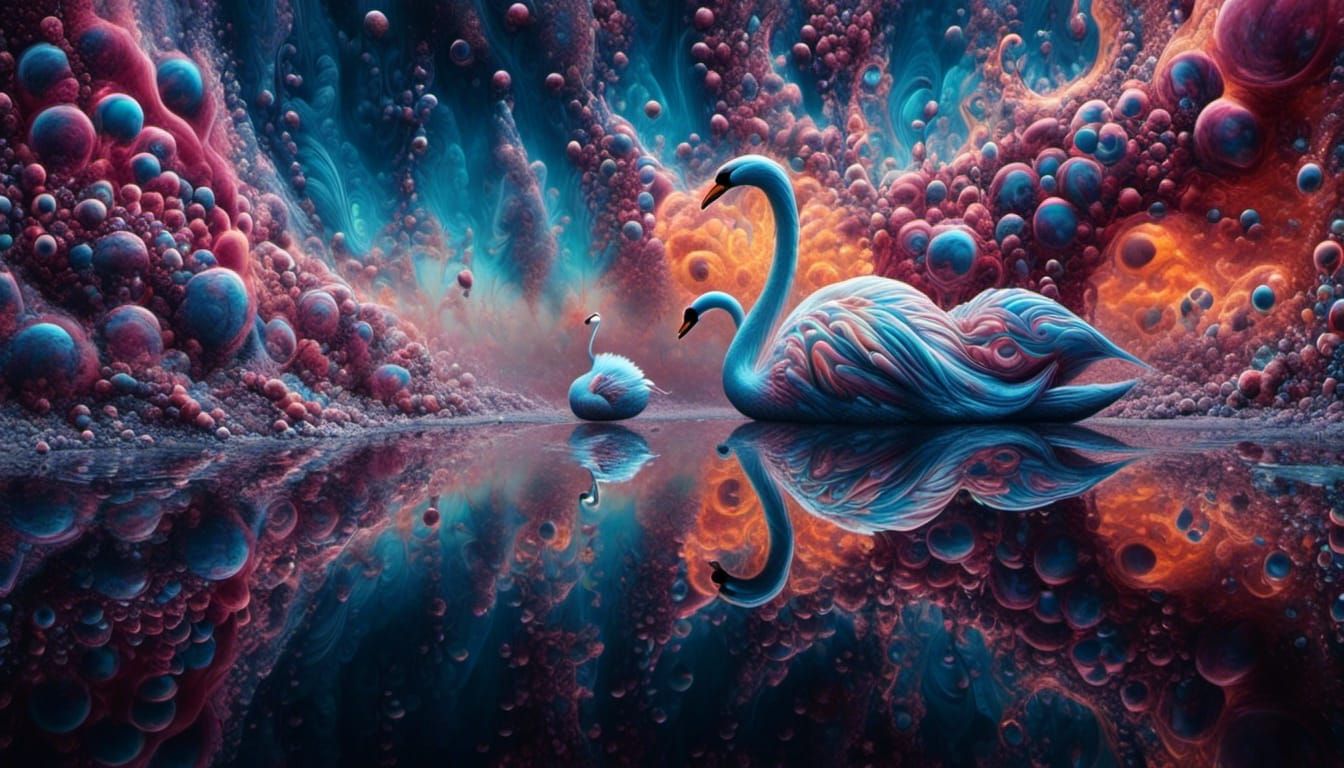 Colorful Non-Newtonian Fluid Swans in Surreal Landscape