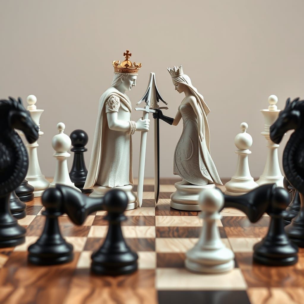 Dramatic Chessboard Scene with Noble Figures