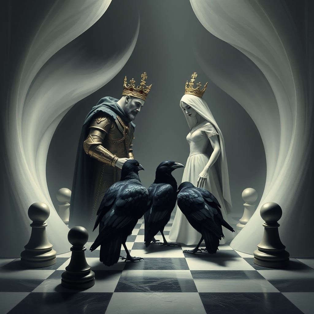 Surreal Chessboard with Folded Corners and Eerie Encounter