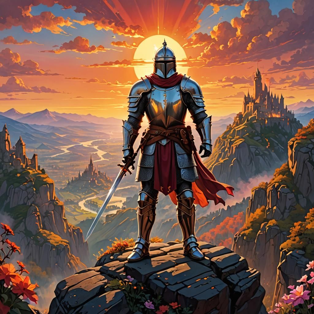 Valiant Knight Overlooking Mystical Kingdom at Sunset