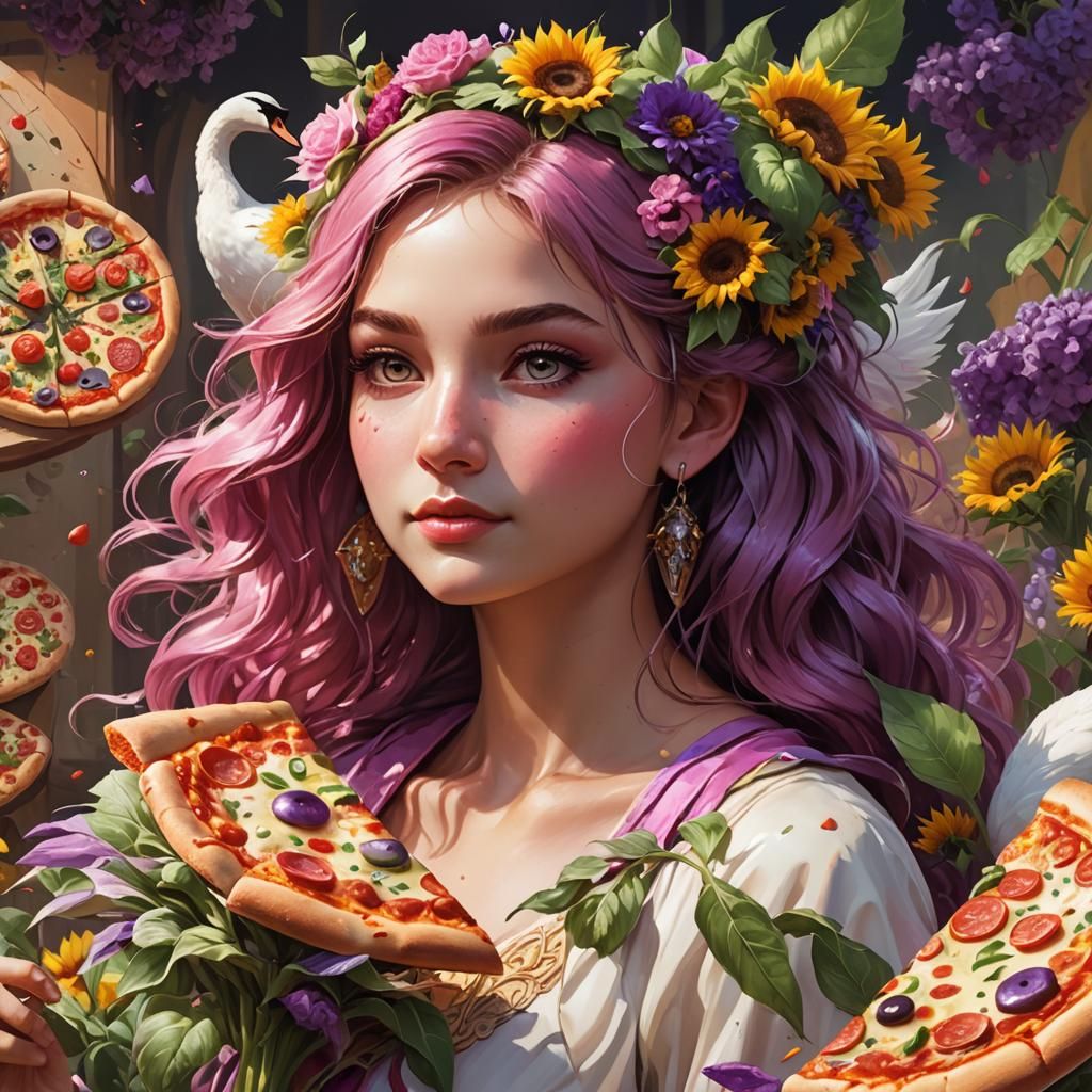 Surreal Portrait: Swan, Pizza, Sunflower in Detailed Lightin...